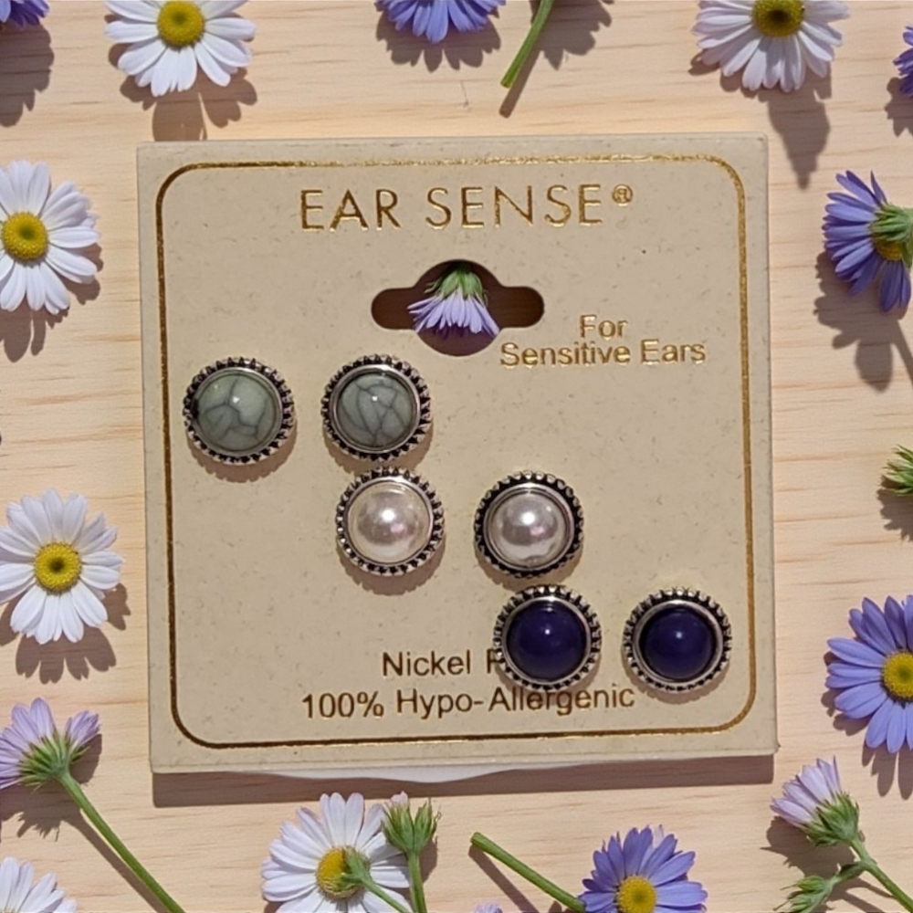 Hypo-Allergenic Stud Earrings Set - Silver, White, Purple